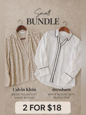 Bundle Calvin Klein & dressbarn Blouse Beige Polka Dot + White with Black Trim
